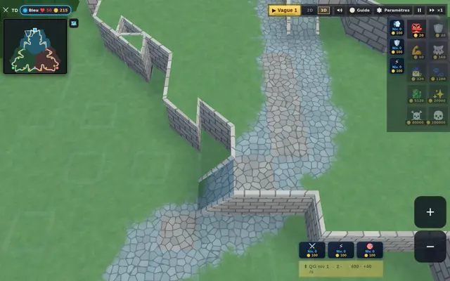 Hand-painted relief: low walls, ramps and cobblestones.